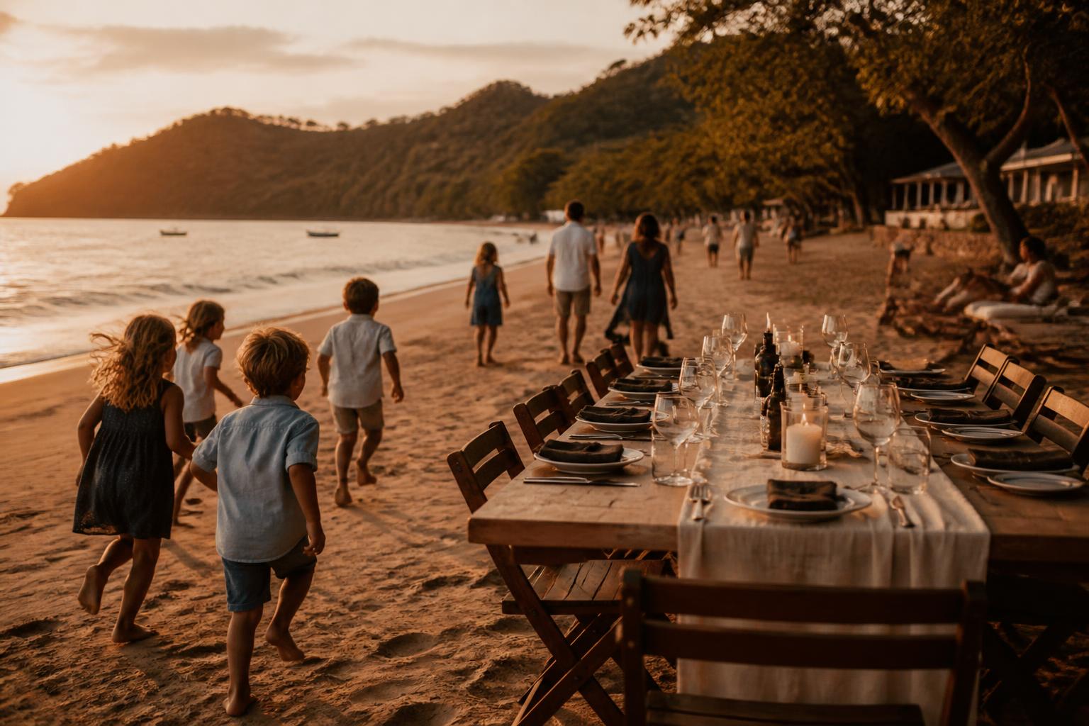 Families gathering at a long beach table at sunset in Las Catalinas